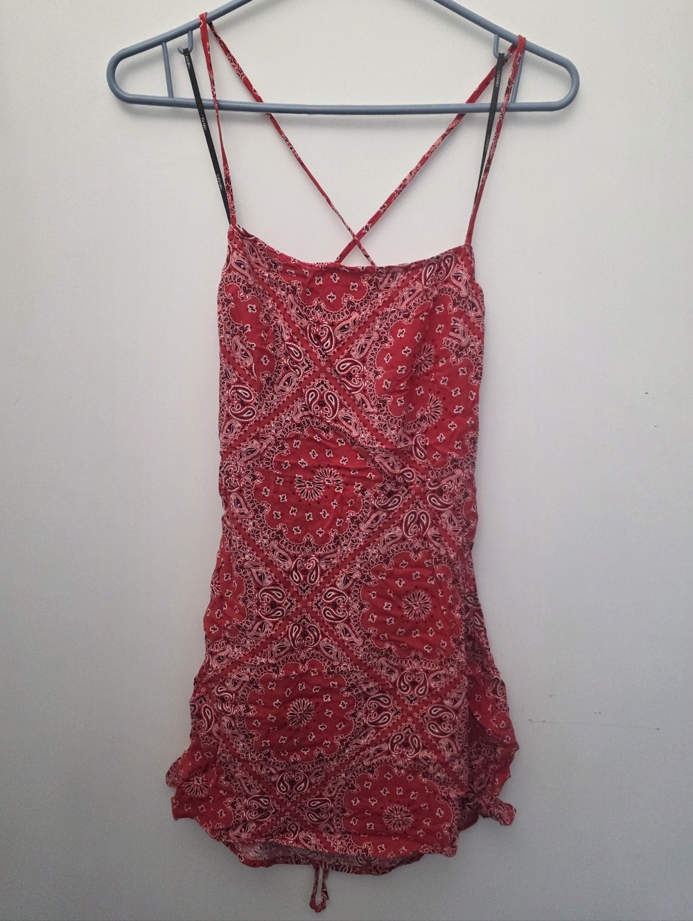 Y2K Bandana Print Mini Dress – Red Paisley – Lace-Up Open Back – Spaghetti Strap